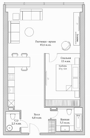Двухкомнатная квартира 75 м²