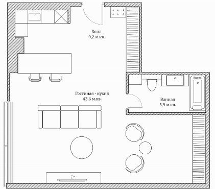 Однокомнатная квартира 56.7 м²