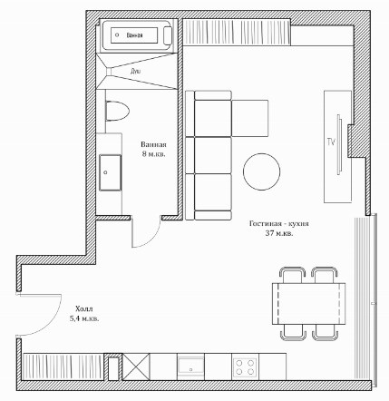 Однокомнатная квартира 47.8 м²