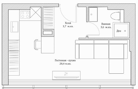 Однокомнатная квартира 26.7 м²